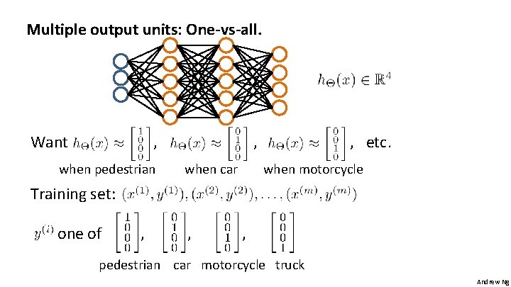 Multiple output units: One-vs-all. Want , when pedestrian , when car , etc. when