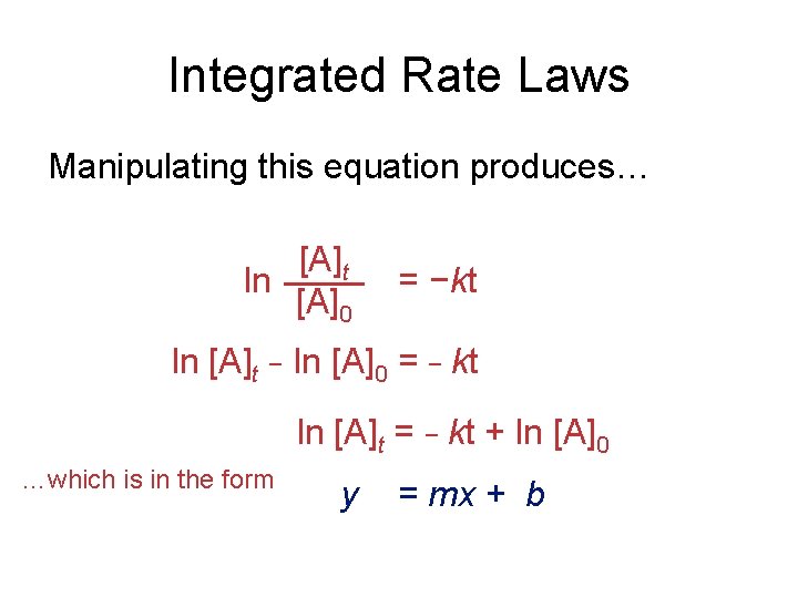 Integrated Rate Laws Manipulating this equation produces… [A]t ln [A]0 = −kt ln [A]t