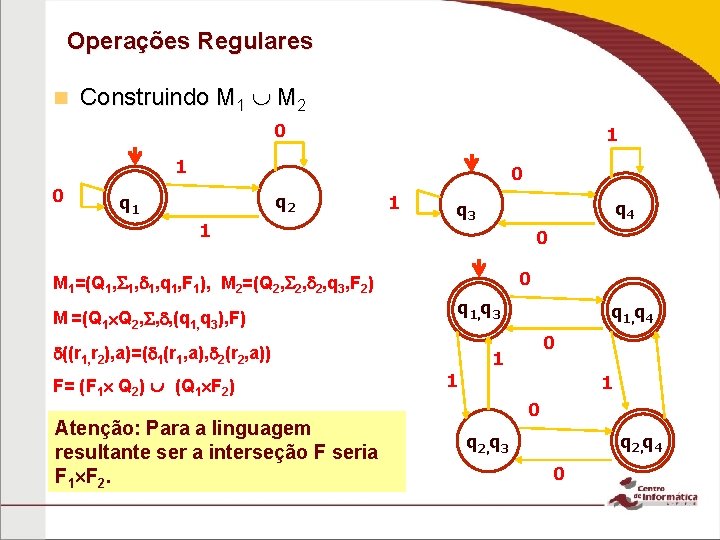 Operações Regulares n Construindo M 1 M 2 0 1 1 0 0 q