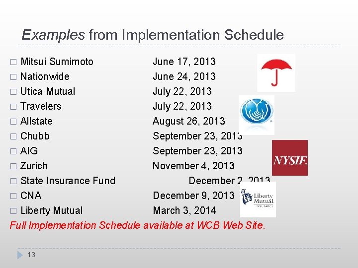 Examples from Implementation Schedule � Mitsui Sumimoto � Nationwide June 17, 2013 June 24,