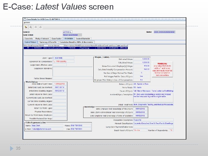 E-Case: Latest Values screen 35 
