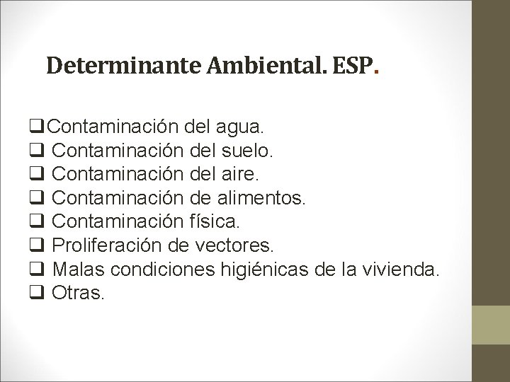 Determinante Ambiental. ESP. q. Contaminación del agua. q Contaminación del suelo. q Contaminación del