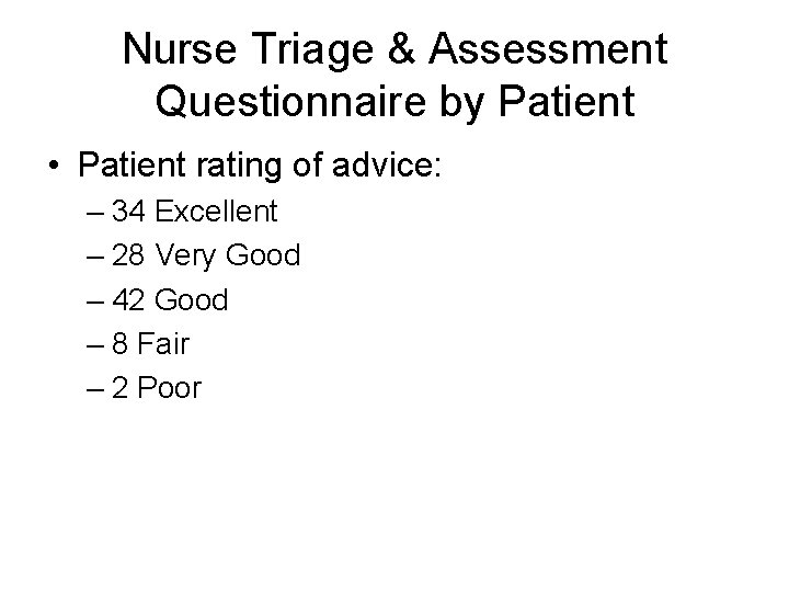 Nurse Triage & Assessment Questionnaire by Patient • Patient rating of advice: – 34