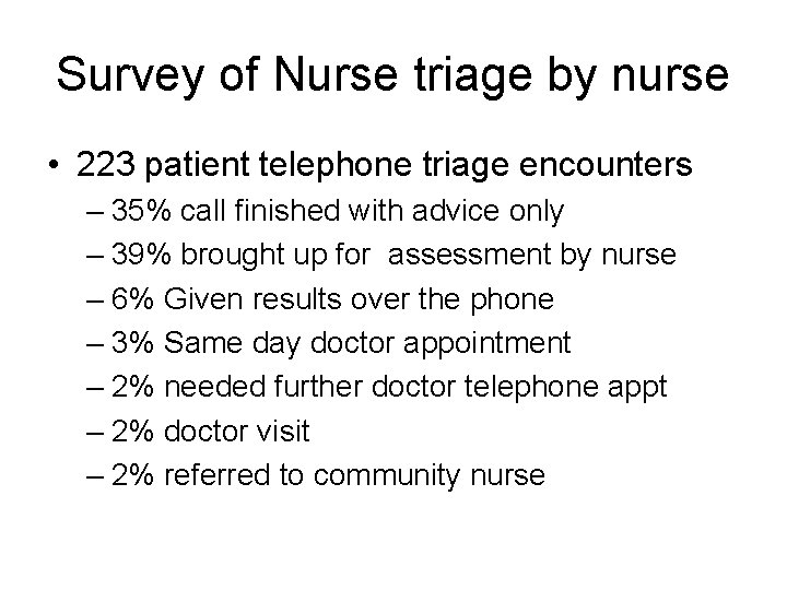 Survey of Nurse triage by nurse • 223 patient telephone triage encounters – 35%