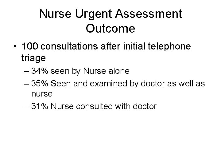 Nurse Urgent Assessment Outcome • 100 consultations after initial telephone triage – 34% seen