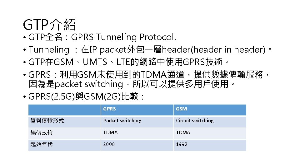 GTP介紹 • GTP全名：GPRS Tunneling Protocol. • Tunneling ：在IP packet外包一層header(header in header)。 • GTP在GSM、UMTS、LTE的網路中使用GPRS技術。 •