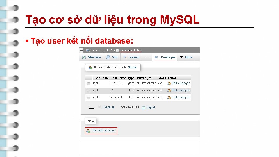 Tạo cơ sở dữ liệu trong My. SQL § Tạo user kết nối database: