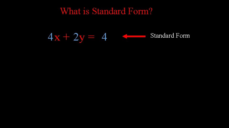 What is Standard Form? 4 x + 2 y = 4 Standard Form 