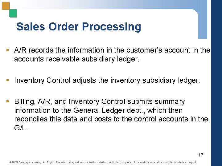 Sales Order Processing § A/R records the information in the customer’s account in the