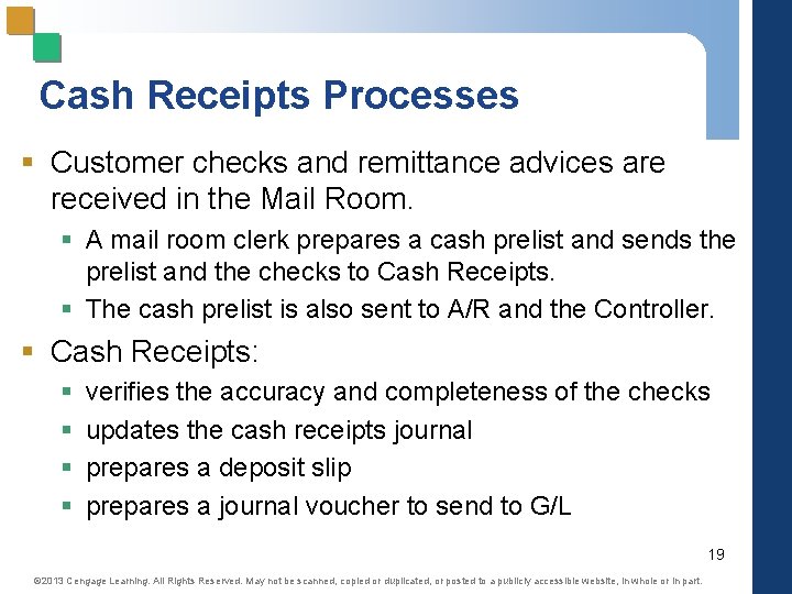 Cash Receipts Processes § Customer checks and remittance advices are received in the Mail