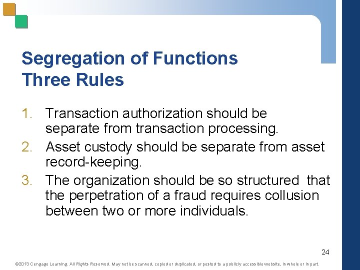 Segregation of Functions Three Rules 1. Transaction authorization should be separate from transaction processing.