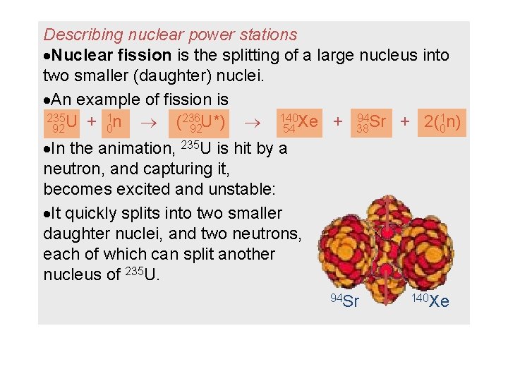 Describing nuclear power stations Nuclear fission is the splitting of a large nucleus into