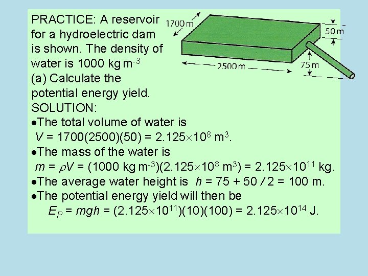 PRACTICE: A reservoir for a hydroelectric dam is shown. The density of water is