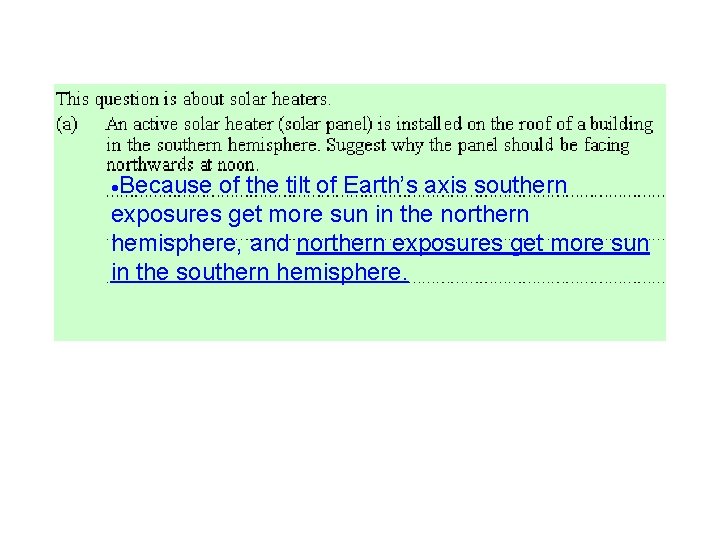  Because of the tilt of Earth’s axis southern exposures get more sun in