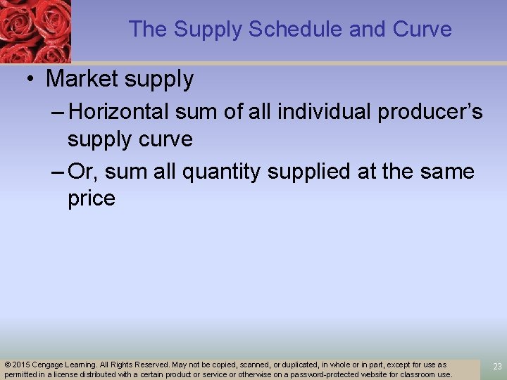 The Supply Schedule and Curve • Market supply – Horizontal sum of all individual