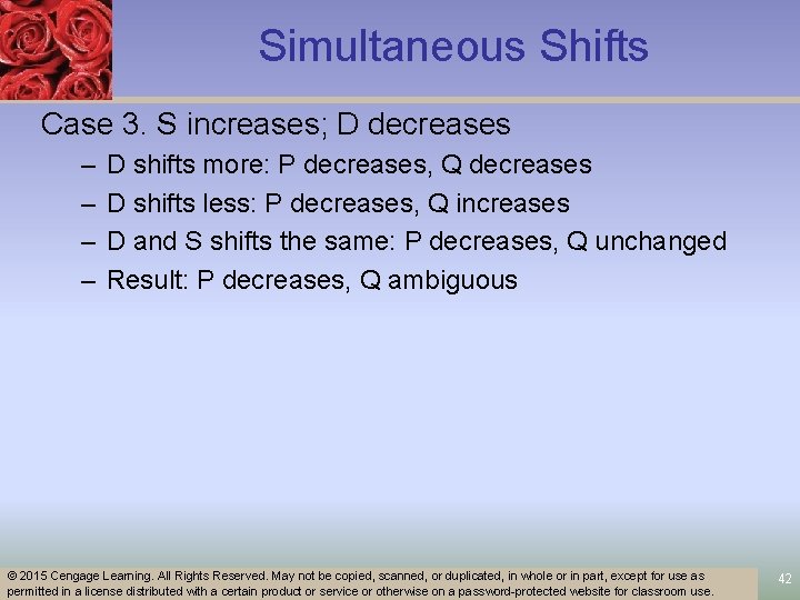 Simultaneous Shifts Case 3. S increases; D decreases – – D shifts more: P