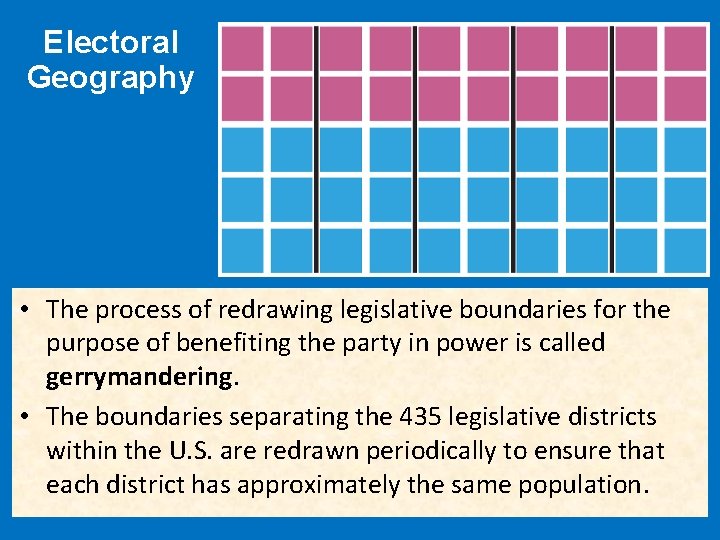 Electoral Geography • The process of redrawing legislative boundaries for the purpose of benefiting