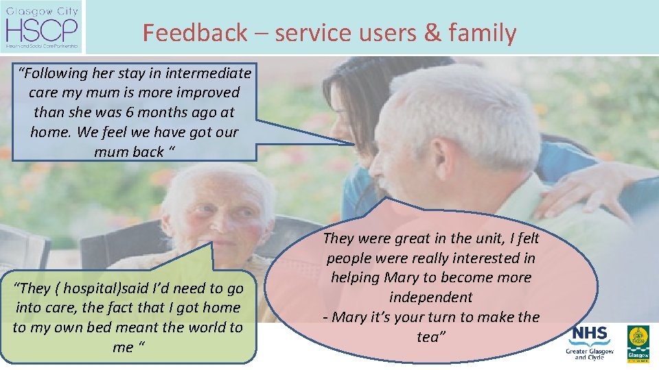 Feedback – service users & family “Following her stay in intermediate care my mum