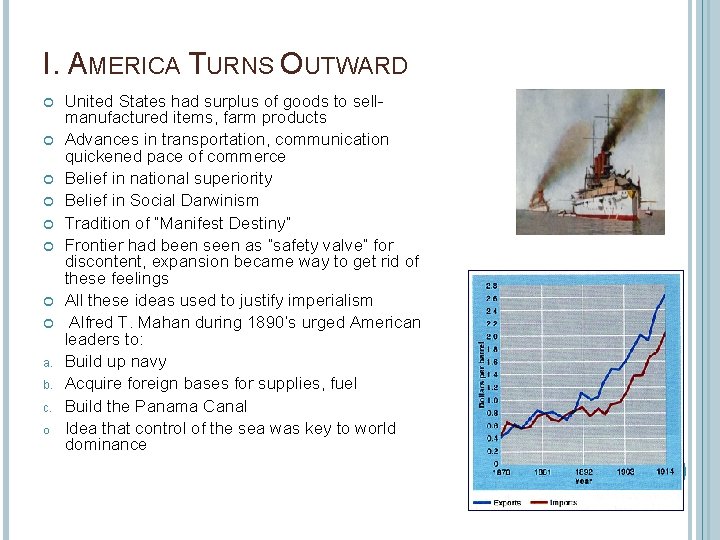 I. AMERICA TURNS OUTWARD a. b. c. o United States had surplus of goods