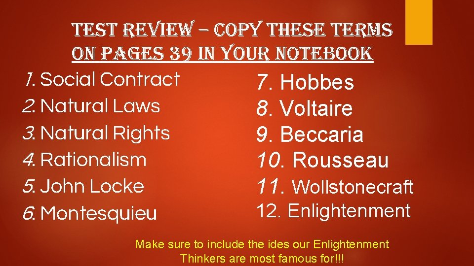 test re. Vie. W – Copy these terms on pages 39 in your notebook