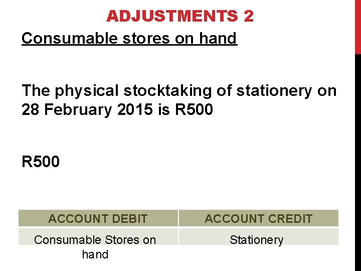 ADJUSTMENTS 2 Consumable stores on hand The physical stocktaking of stationery on 28 February