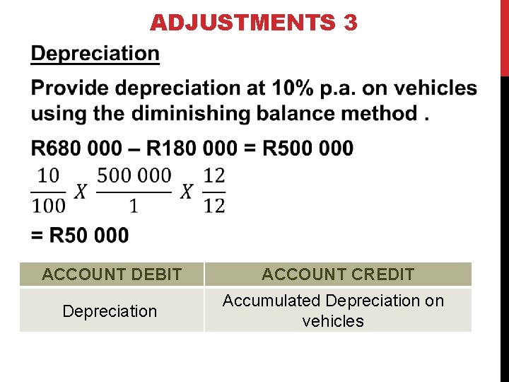 ADJUSTMENTS 3 ACCOUNT DEBIT ACCOUNT CREDIT Depreciation Accumulated Depreciation on vehicles 