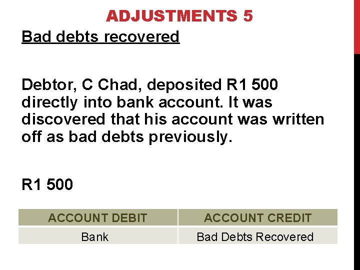 ADJUSTMENTS 5 Bad debts recovered Debtor, C Chad, deposited R 1 500 directly into