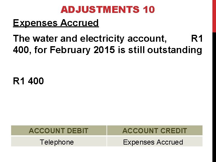 ADJUSTMENTS 10 Expenses Accrued The water and electricity account, R 1 400, for February