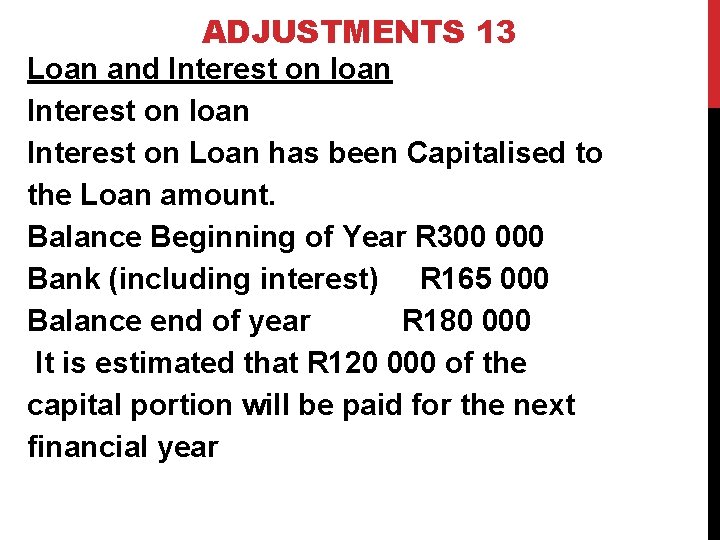 ADJUSTMENTS 13 Loan and Interest on loan Interest on Loan has been Capitalised to