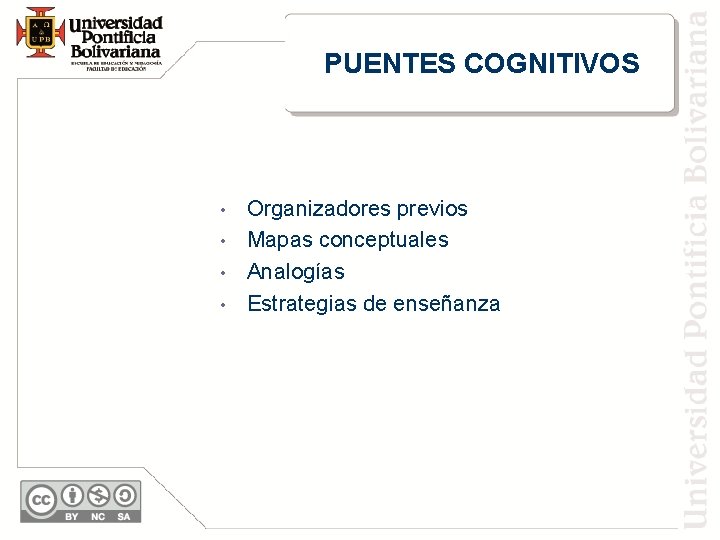 PUENTES COGNITIVOS • • Organizadores previos Mapas conceptuales Analogías Estrategias de enseñanza 