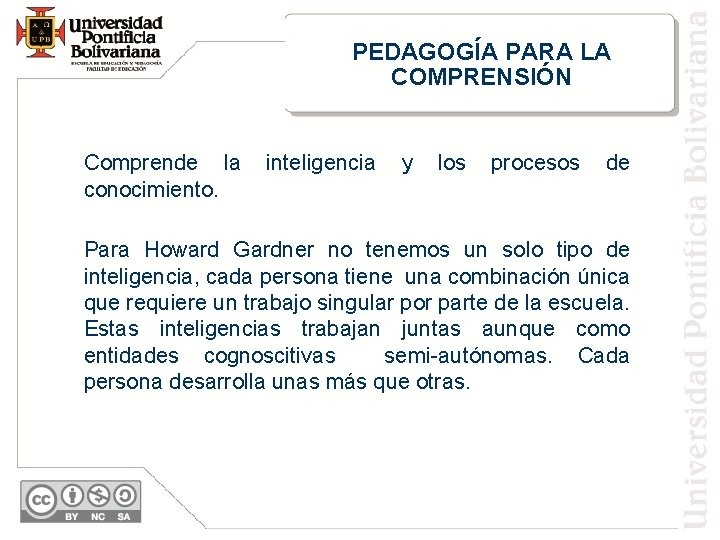 PEDAGOGÍA PARA LA COMPRENSIÓN Comprende la conocimiento. inteligencia y los procesos de Para Howard