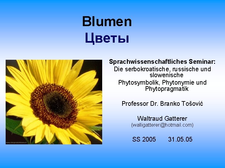 Blumen Цветы Sprachwissenschaftliches Seminar: Die serbokroatische, russische und slowenische Phytosymbolik, Phytonymie und Phytopragmatik Professor