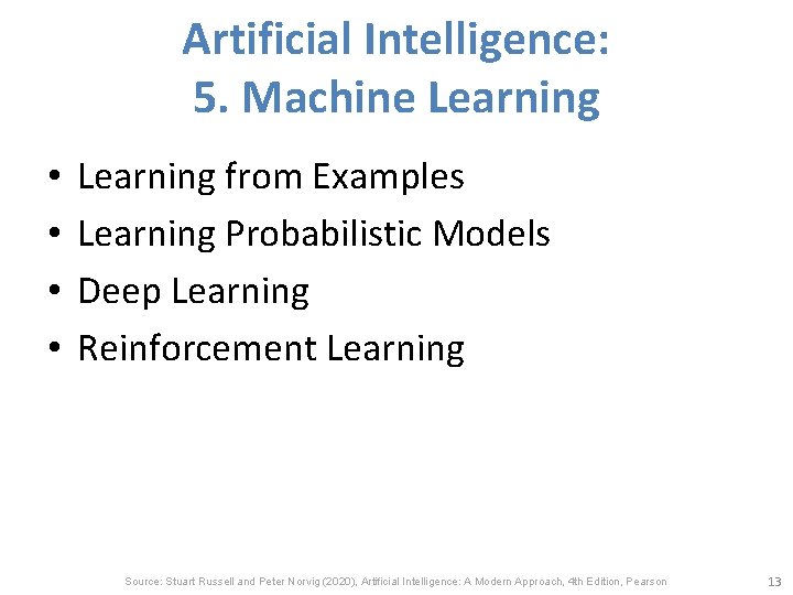Artificial Intelligence: 5. Machine Learning • • Learning from Examples Learning Probabilistic Models Deep