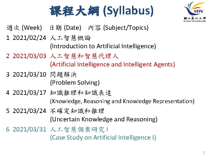 課程大綱 (Syllabus) 週次 (Week) 日期 (Date) 內容 (Subject/Topics) 1 2021/02/24 人 智慧概論 (Introduction to