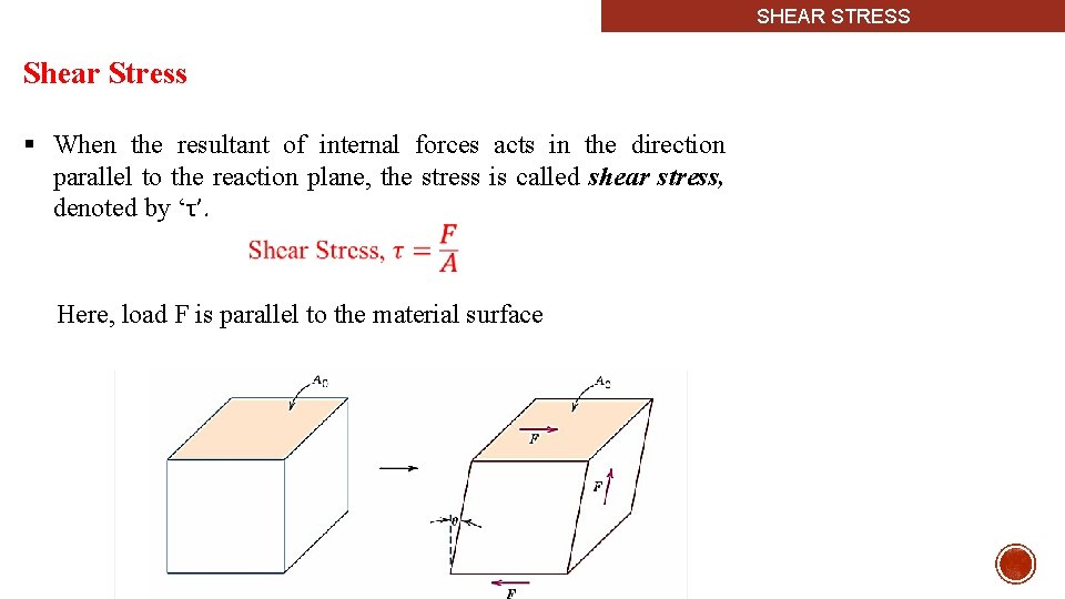 SHEAR STRESS Shear Stress § When the resultant of internal forces acts in the