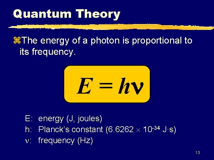 Quantum Theory z. The energy of a photon is proportional to its frequency. E