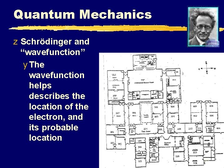 Quantum Mechanics z Schrödinger and “wavefunction” y The wavefunction helps describes the location of