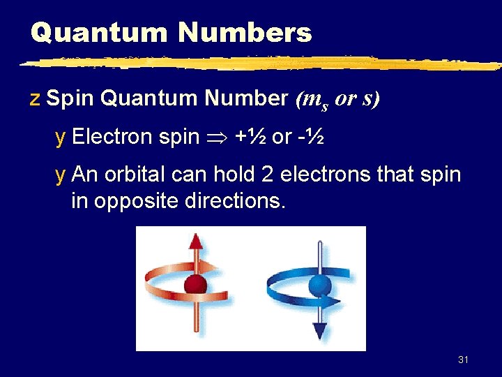 Quantum Numbers z Spin Quantum Number (ms or s) y Electron spin +½ or