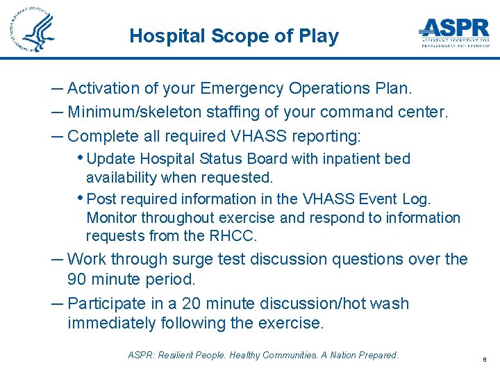 Hospital Scope of Play ─ Activation of your Emergency Operations Plan. ─ Minimum/skeleton staffing
