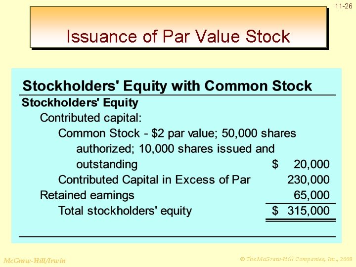 11 -26 Issuance of Par Value Stock Mc. Graw-Hill/Irwin © The Mc. Graw-Hill Companies,