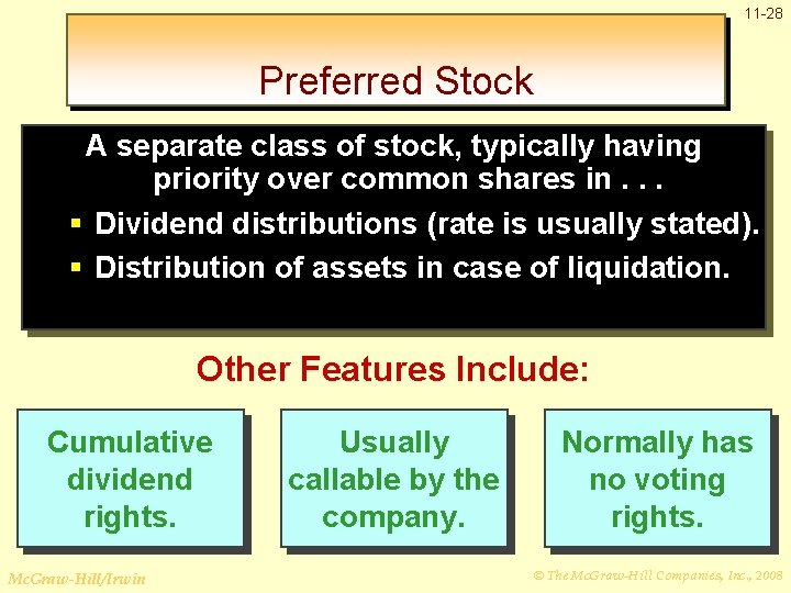 11 -28 Preferred Stock A separate class of stock, typically having priority over common