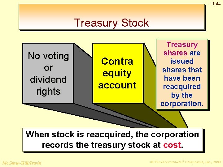 11 -44 Treasury Stock No voting or dividend rights Contra equity account Treasury shares