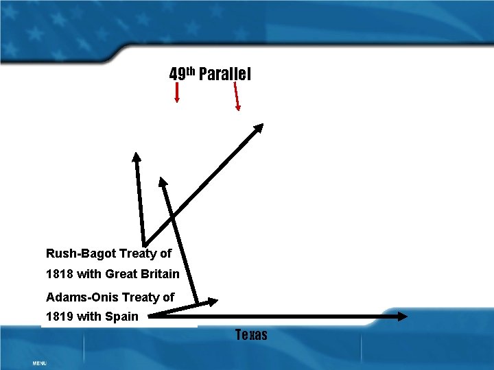 49 th Parallel Rush-Bagot Treaty of 1818 with Great Britain Adams-Onis Treaty of 1819