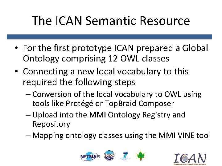 The ICAN Semantic Resource • For the first prototype ICAN prepared a Global Ontology