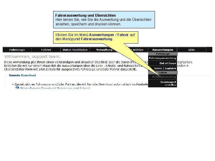 Fahrerauswertung und Übersichten Hier lernen Sie, wie Sie die Auswertung und die Übersichten ansehen,