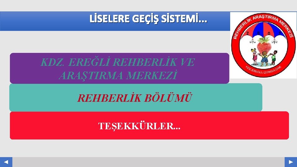 LİSELERE GEÇİŞ SİSTEMİ. . . KDZ. EREĞLİ REHBERLİK VE ARAŞTIRMA MERKEZİ REHBERLİK BÖLÜMÜ TEŞEKKÜRLER.