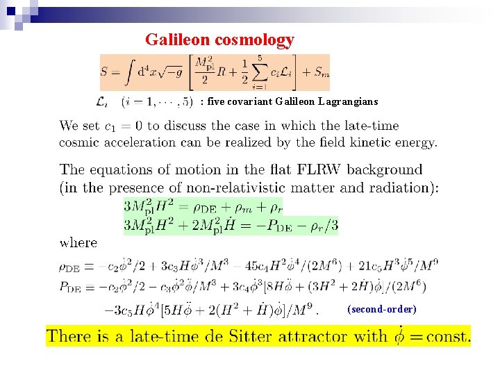 Galileon cosmology : five covariant Galileon Lagrangians (second-order) 
