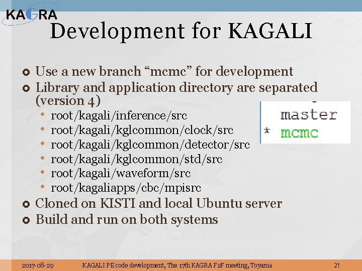 Development for KAGALI Use a new branch “mcmc” for development Library and application directory
