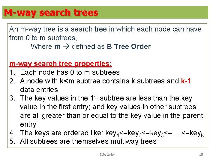 M-way search trees An m-way tree is a search tree in which each node