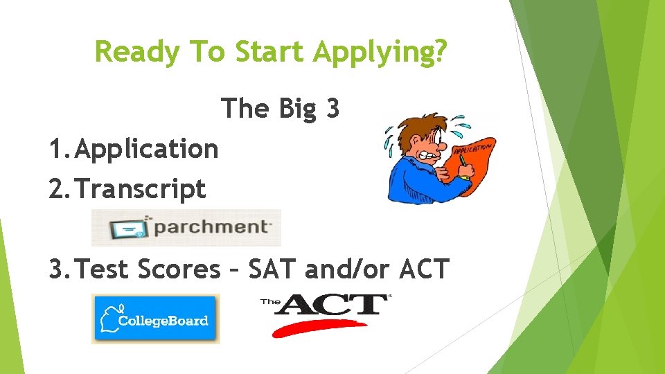 Ready To Start Applying? The Big 3 1. Application 2. Transcript 3. Test Scores